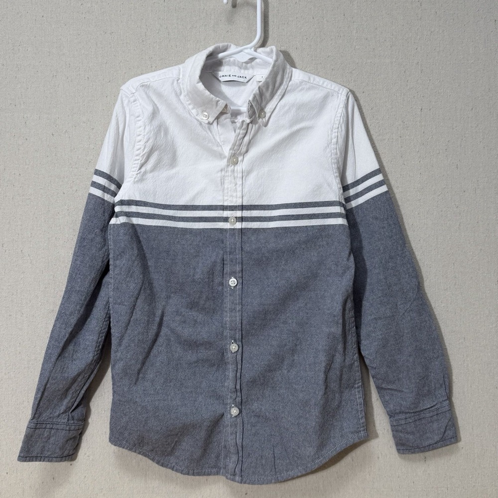Janie and Jack Boys Shirt Size 7 Gray White Stripe Button Up Cotton Preppy